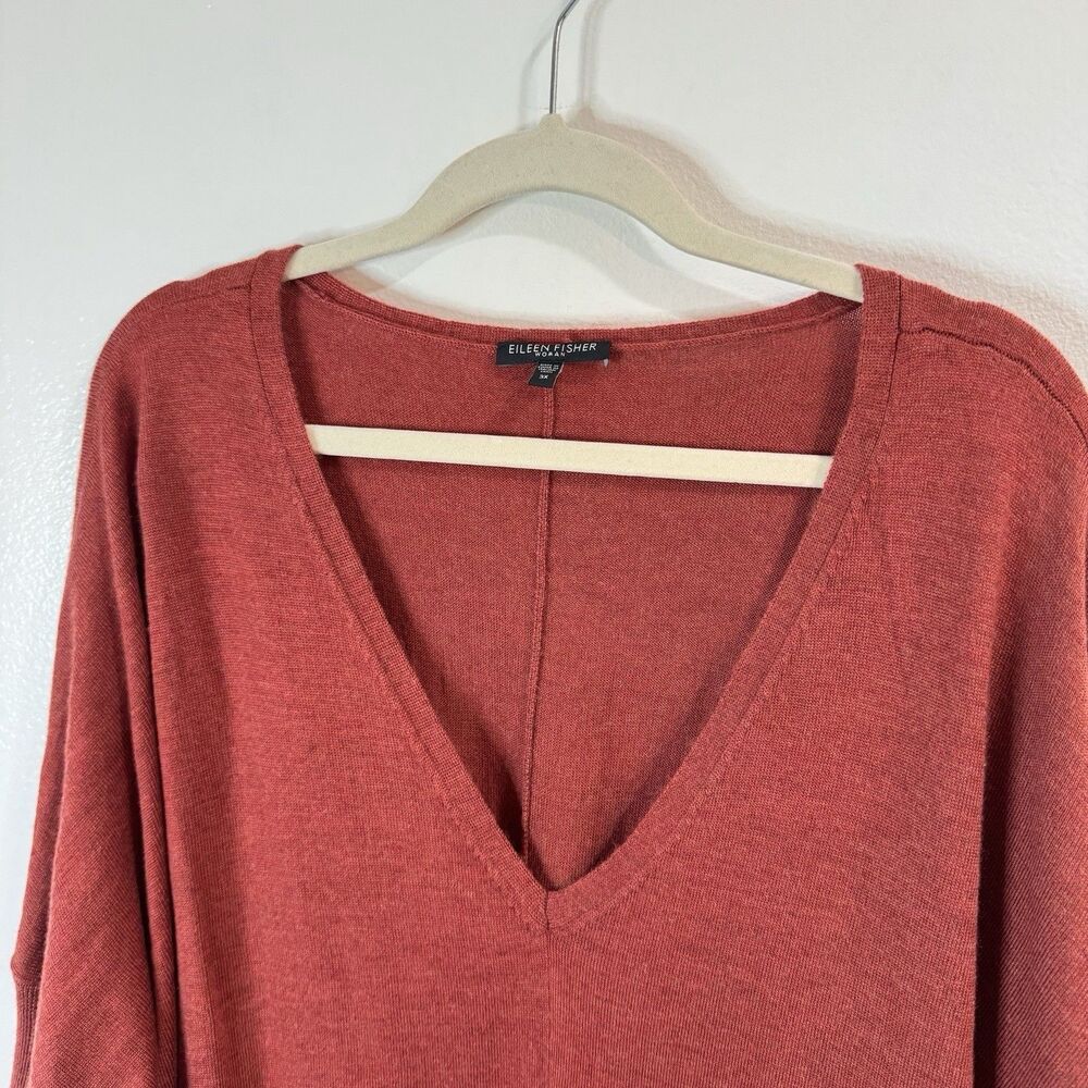 Eileen Fisher Sweater 3X 100% Merino Wool Red Orange Italian Yarn V-neck Dolman - Picture 2 of 9